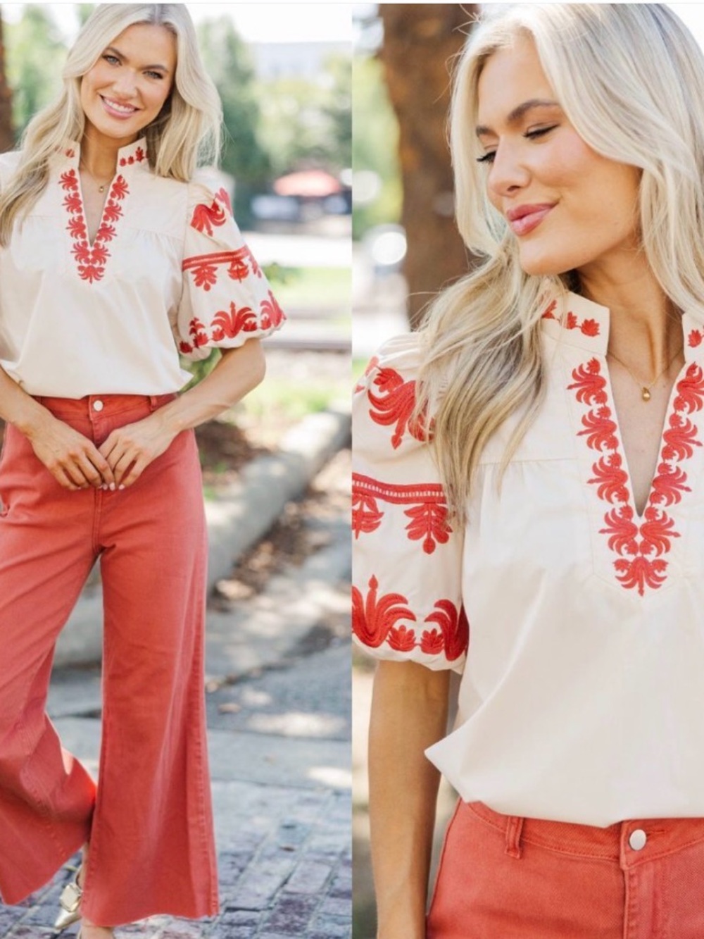 entro Cream Peasant Blouse with Red Embroidery - Picture 2 of 7